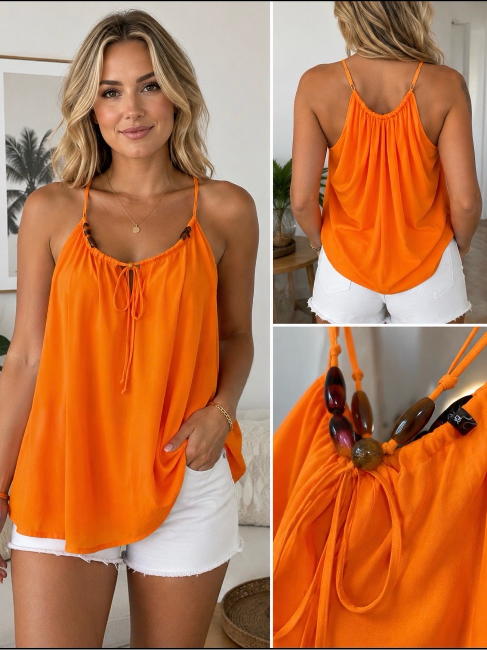 026 STATE Bright Orange Beaded Spaghetti Strap Cami